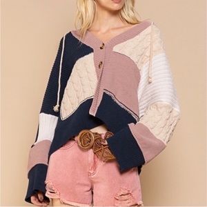 POL Oversized Hooded Blocked Patchwork Cardigan